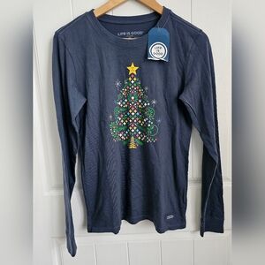 NWT LIFE IS GOOD Crusher Christmas Tree Long Sleeve Blue Pullover Shirt